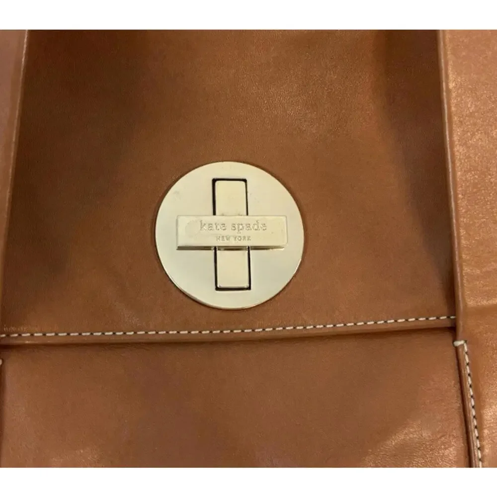 Kate Spade Brown Leather Flap Purse Bag Tote Satchel Fabric Lined 13" x 10" - Picture 2 of 9